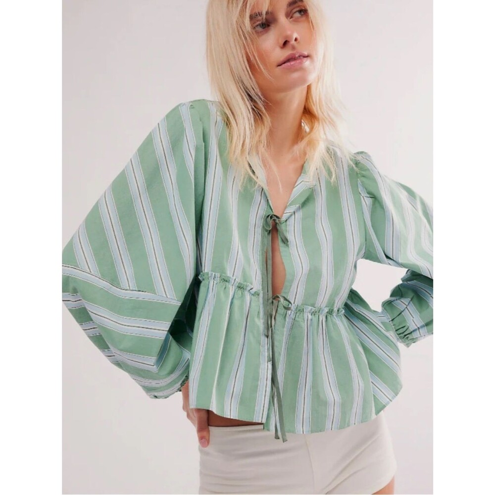 Free People Brunch Babe Blouse Striped White Spruce Green Long Sleeve Top XS NEW